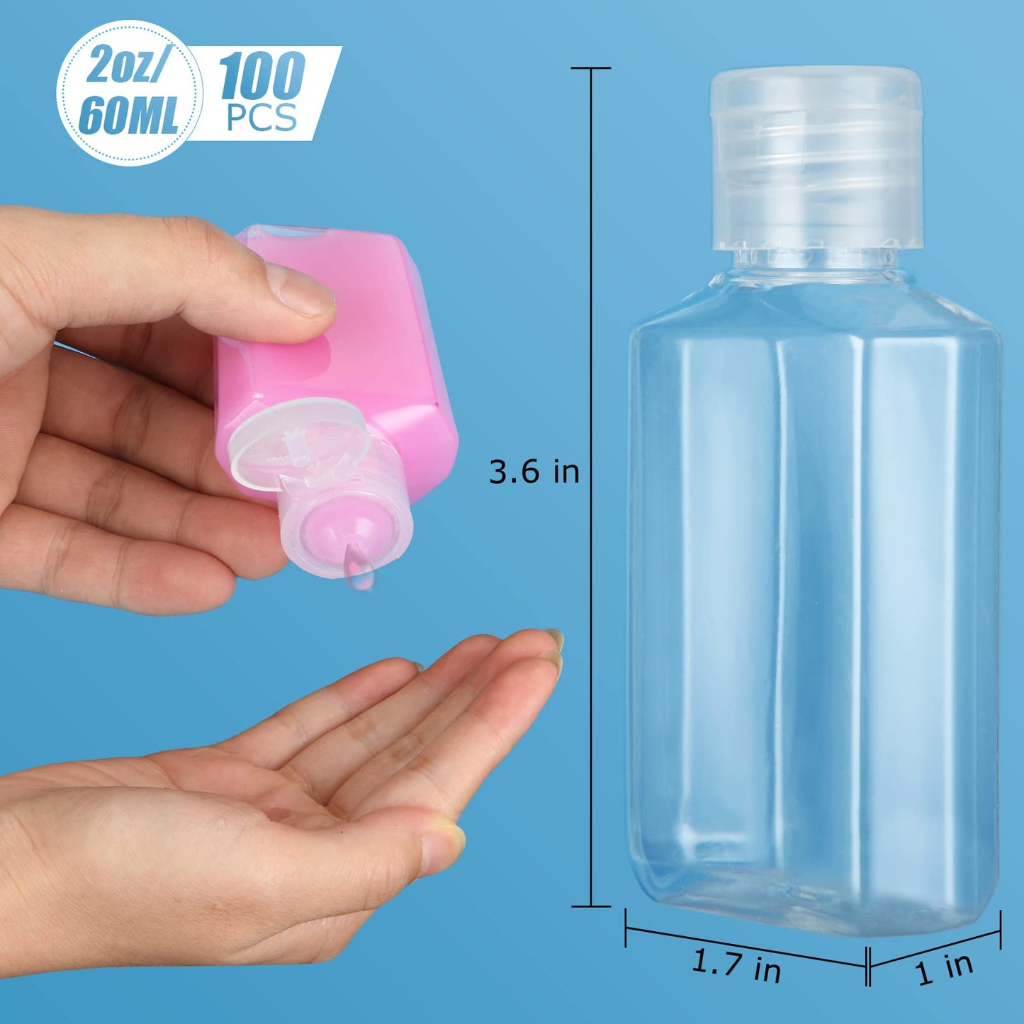 APACALI 100PCS Plastic Travel Bottles 2oz Mini Shampoo Bottles Small Empty Bottles Refillable Cosmetic Containers with Flip Cap Clear Portable Small Bottles for Liquid, Lotions, Toner, Body Soap