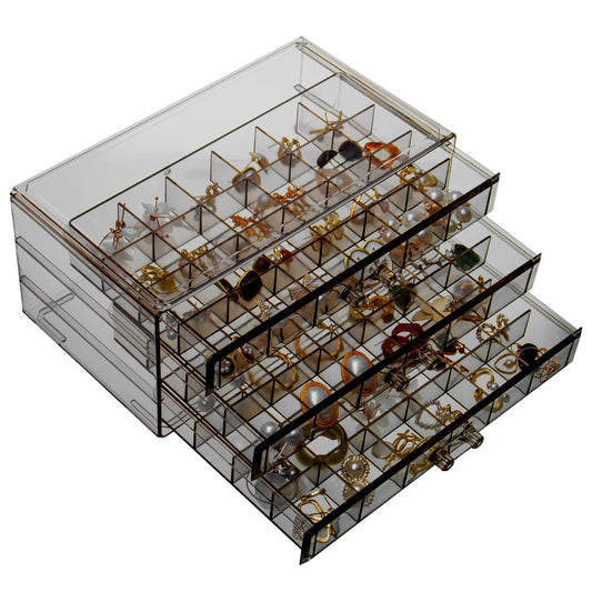 YUFONG Earring Storage Box Organizer 3 Drawers Acrylic Jewelry Storage Box Holder Transparent Jewelry Display Stand with 72 Small Compartments Gift for Women Girls (Clear Black)