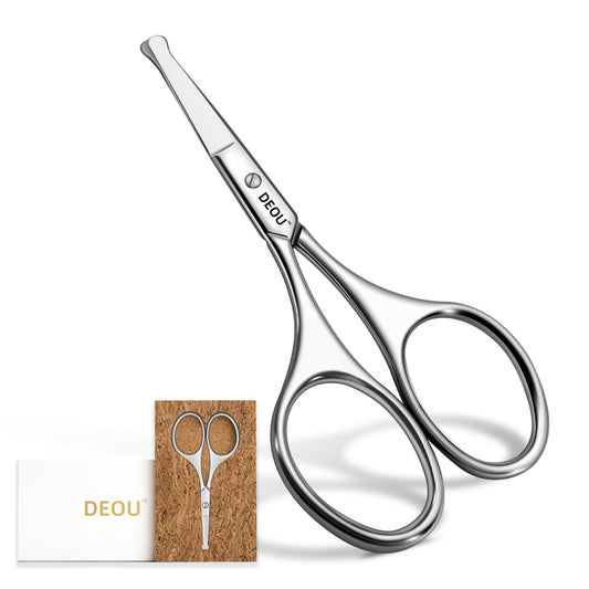 DEOU Silver Stainless Steel Round Nose Safety Scissors - Compact Facial Hair Trimming Tool for Men's Nose, Eyelashes, Eyebrows, Beard & Pet Grooming