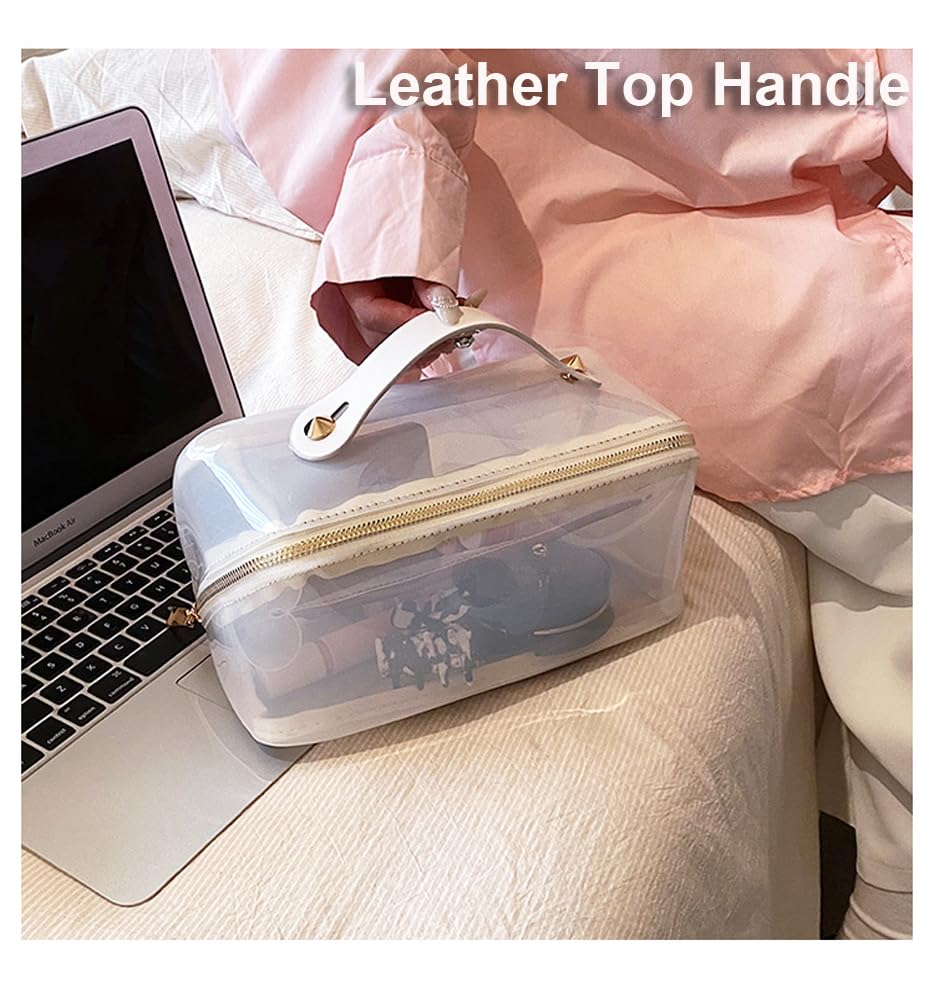 EURYNOME Clear Makeup Organizer Bag Semi Transparent Travel Makeup Bag Leather Handle Clear Cosmetic Bag with Zipper, Portable Cosmetic Organizer Large Makeup Bags for Women (white)