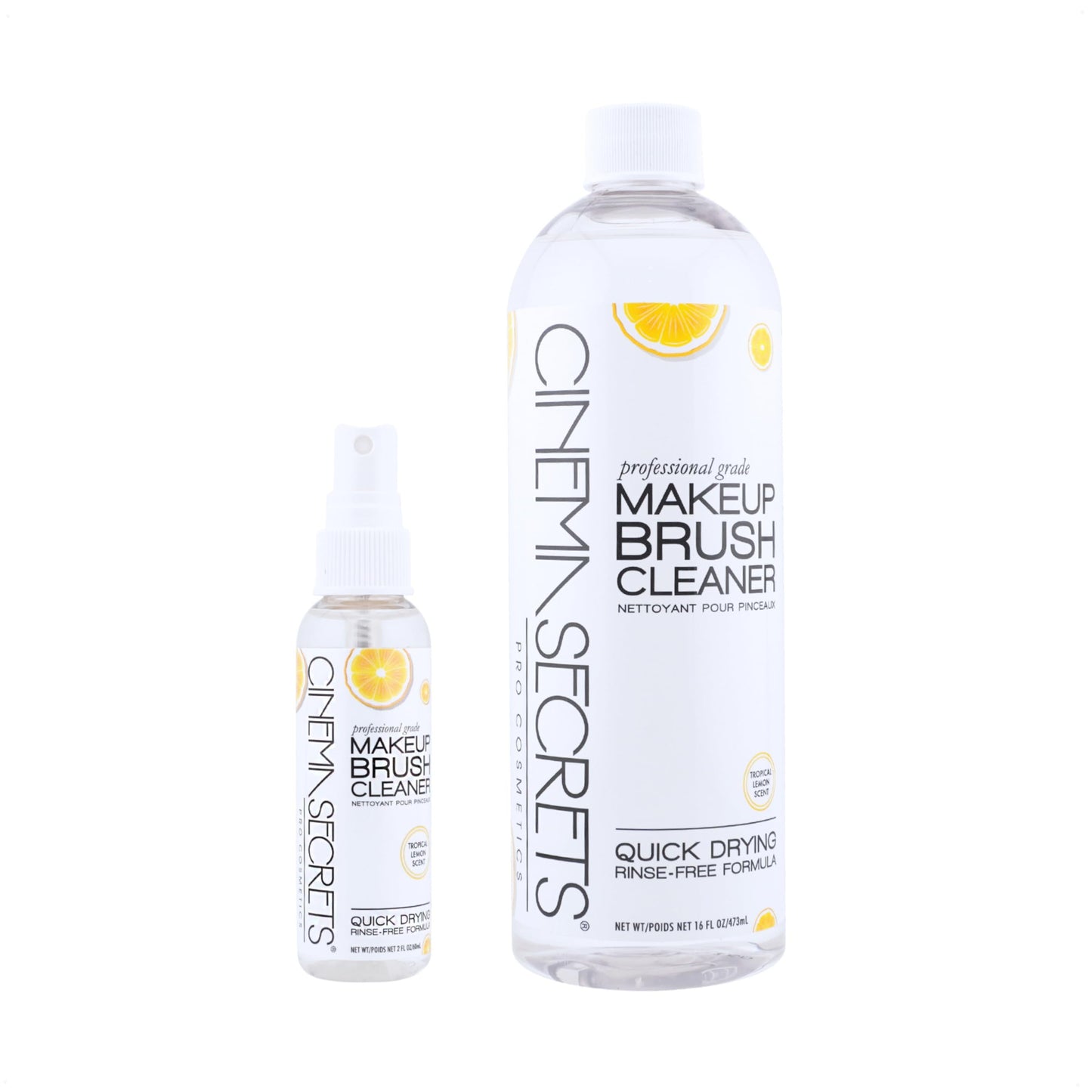 CINEMA SECRETS Original Makeup Brush Cleaner Solution & Spray Combo - Professional Cleanser for Makeup Brushes - Quick-Drying & Rinse-Free - Removes Built-Up Make Up - Lemon (16 fl oz & 2 fl oz)