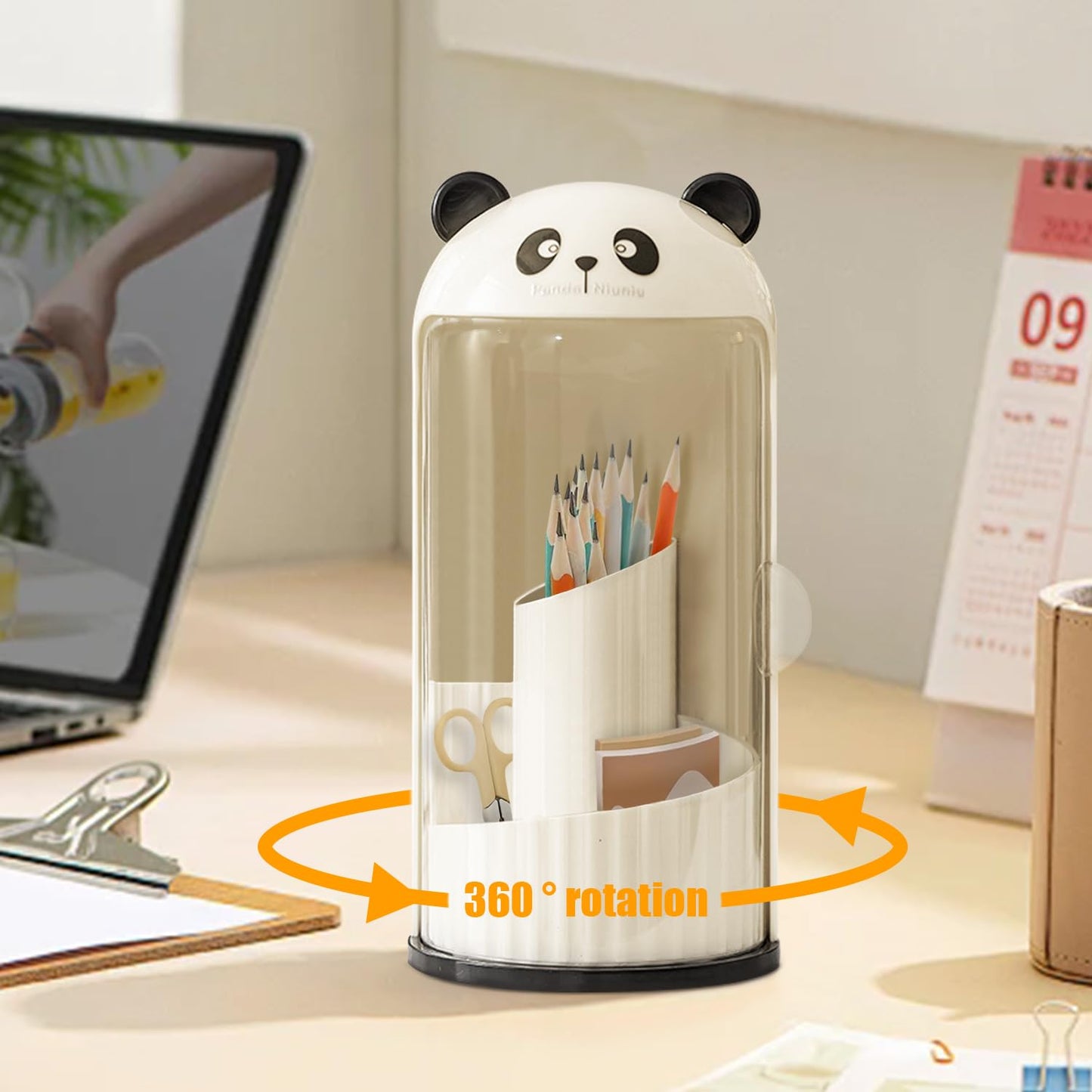 EHERDM Rotating Makeup Brush Holder with Compartments Panda Brush Storage Bucket Side Opening Cosmetic Display Case with Lid Large Capacity Desktop Pen Organizer