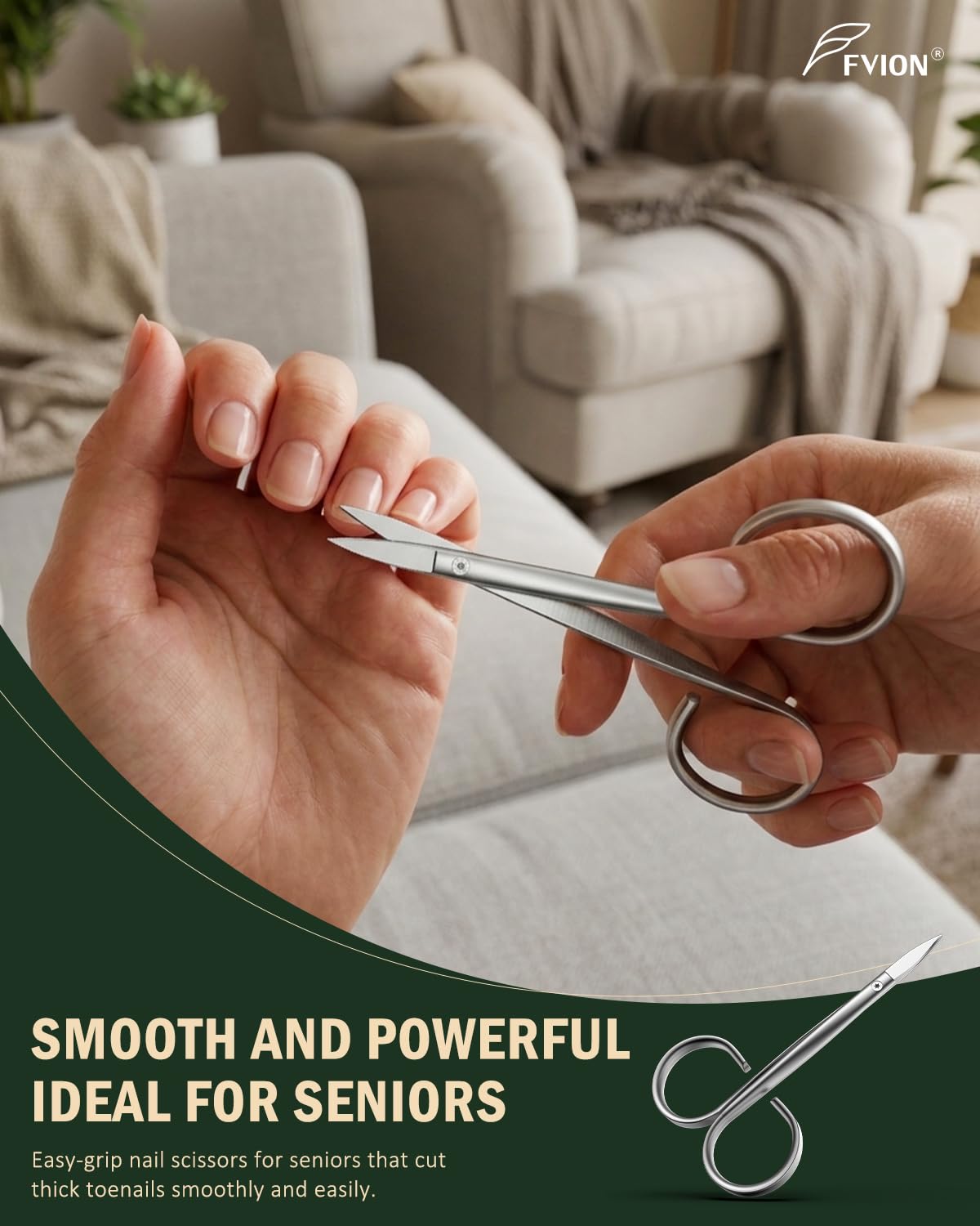 FVION Thick Toe Nail Scissors for Seniors – Precision Nail Scissor for Thick & Ingrown Nails, Stainless Steel Toenail and Fingernail Scissors with Ergonomic Handle (Silver)