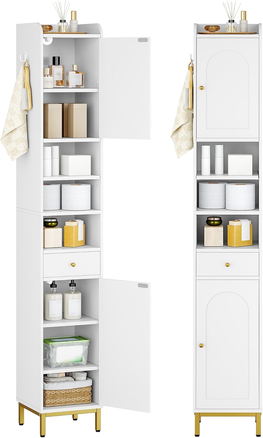 Hzuaneri Bathroom Cabinet with Adjustable Shelves & Door, Freestanding Tall Floor Storage Cabinet with Drawer - Narrow Toilet Paper Organizer for Bathroom, White BC29013G