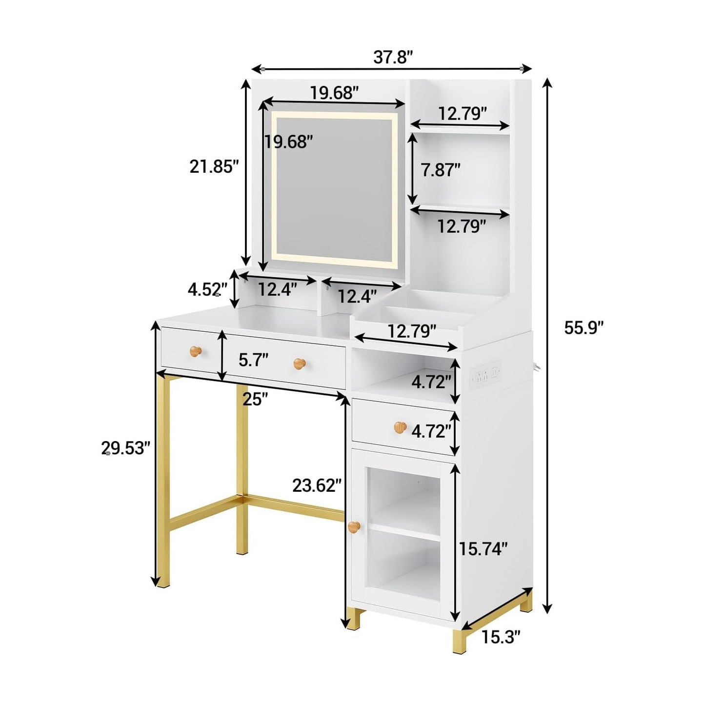 Garvee Vanity Desk with Lighted Mirror Adjustable Brightness & Power Outlet, Makeup Vanity Table with 2 Drawers and Shelves, White and Gold Vanity, Dressing Table for Women & Girls