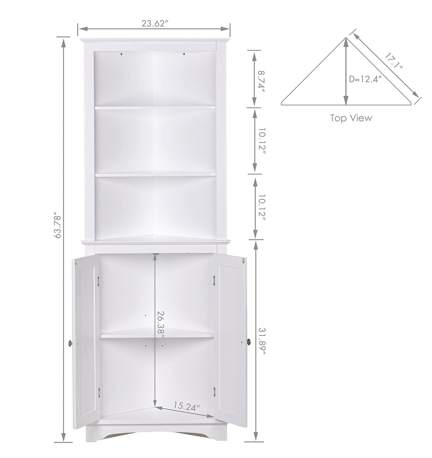 Spirich Tall Corner Cabinet with Doors and Shelves, Freestanding Corner Storage Cabinet for Bathroom, Kitchen, Living Room, White