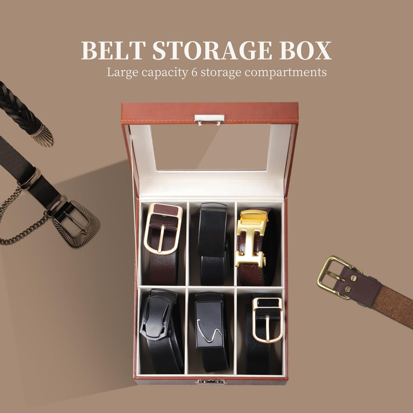 AUTOARK PU Leather Belt Organizer with 6 Compartments & Transparent Glass Top,Compact Storage for Belts,Ties,and Accessories,Perfect for Men,Women,and Home Organization,Brown,MKAW242