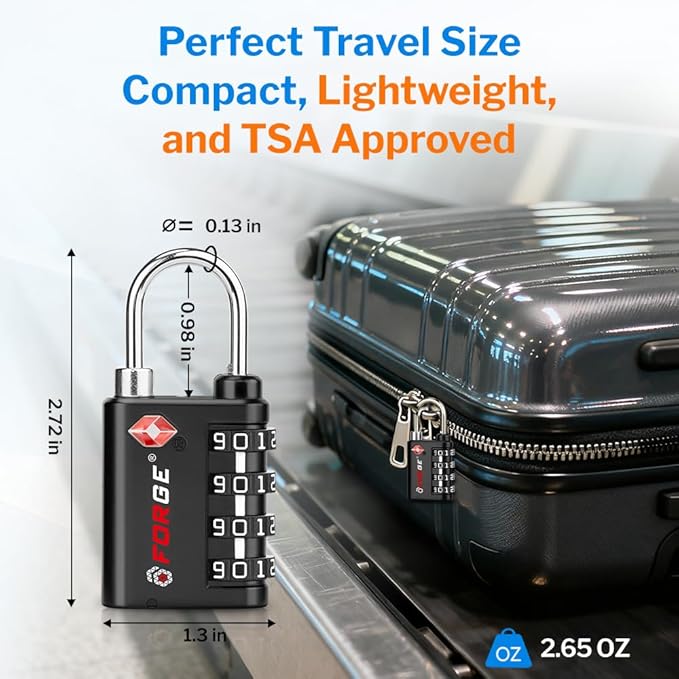 Forge Dual-Opening: Key or Combination Lock, TSA Approved Lock for Luggage, Pelican case, Travel, Gym, School, Luggage Combination Lock, Travel Bag Lock (4 Colors 4 Pk)