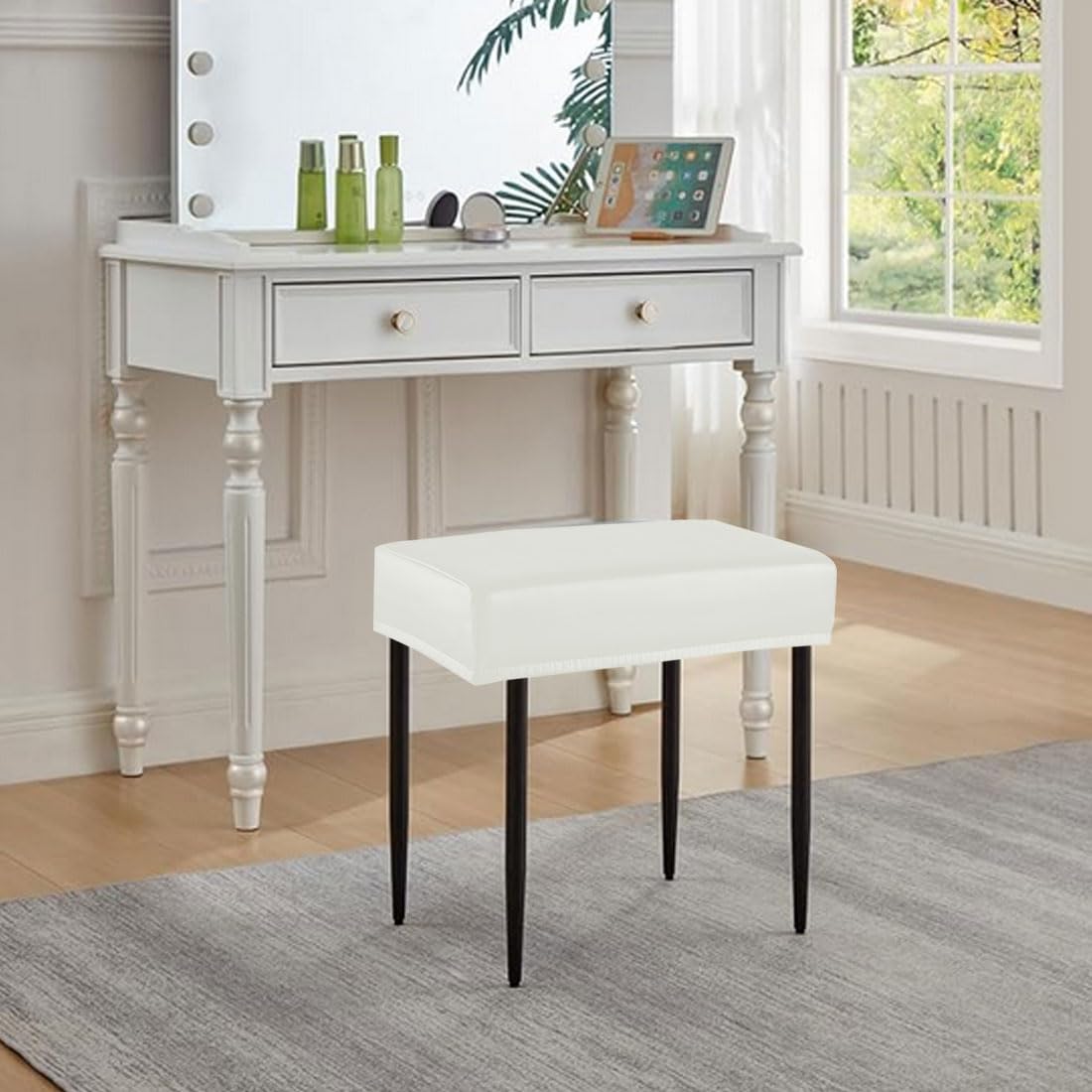 Levoberg Bar Stool Cover Rectangle Waterproof PU Counter Height Barstool Slipcovers Rectangular Vanity Stool Cover Kitchen Counter Saddle Seat Cover for Wooden Metal Bench Set of 4 White