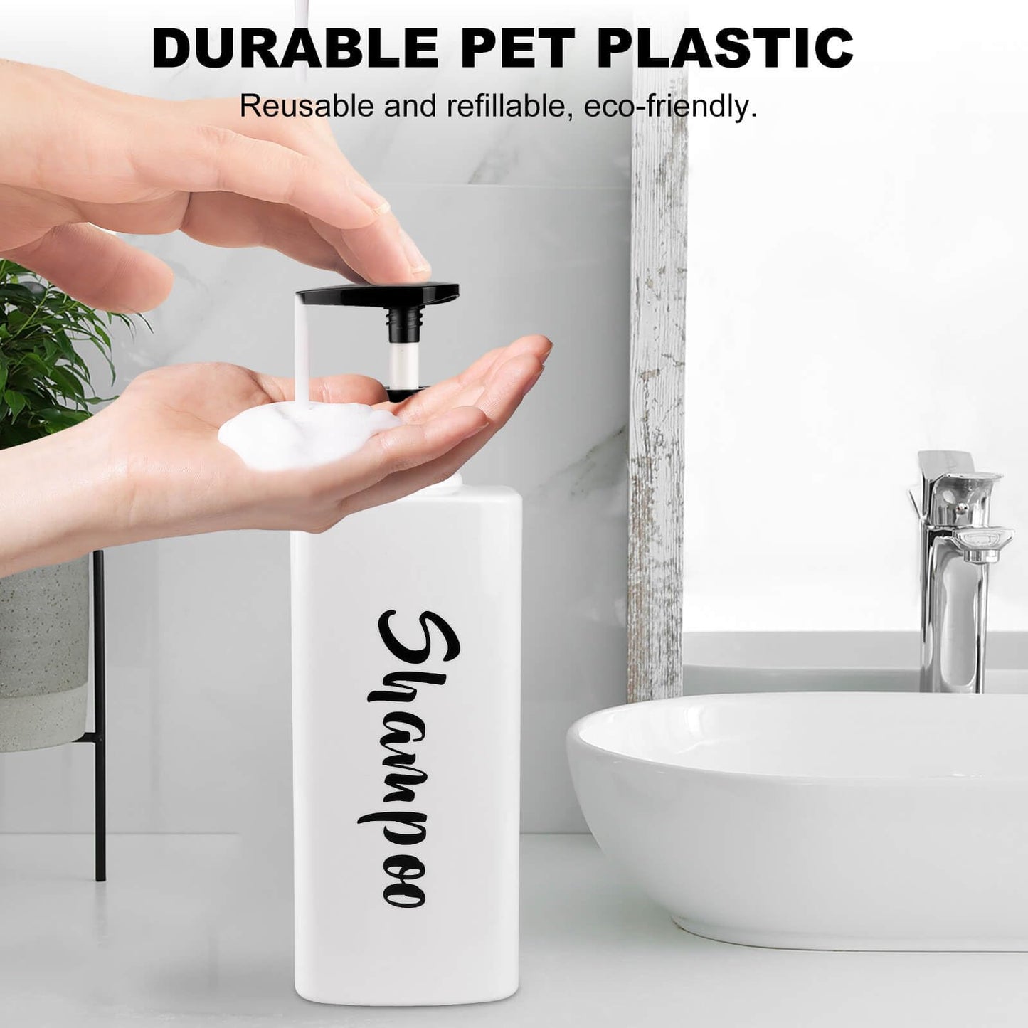 AUMIO 16.9oz Shampoo Conditioner Body Wash Dispenser for Shower, Refillable Printed Soap Bottles with Pump, Empty Plastic Bathroom Dispenser Set for Shampoo, Conditioner & Soap (White, 3 Pack)