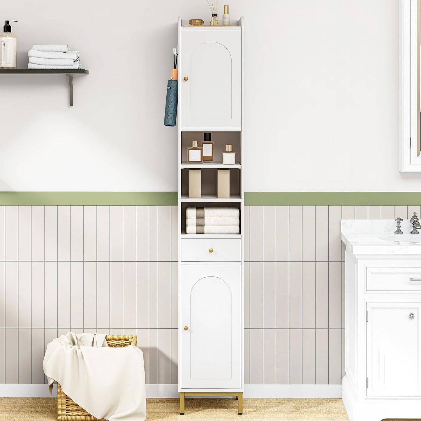 Hzuaneri Bathroom Cabinet with Adjustable Shelves & Door, Freestanding Tall Floor Storage Cabinet with Drawer - Narrow Toilet Paper Organizer for Bathroom, White BC29013G