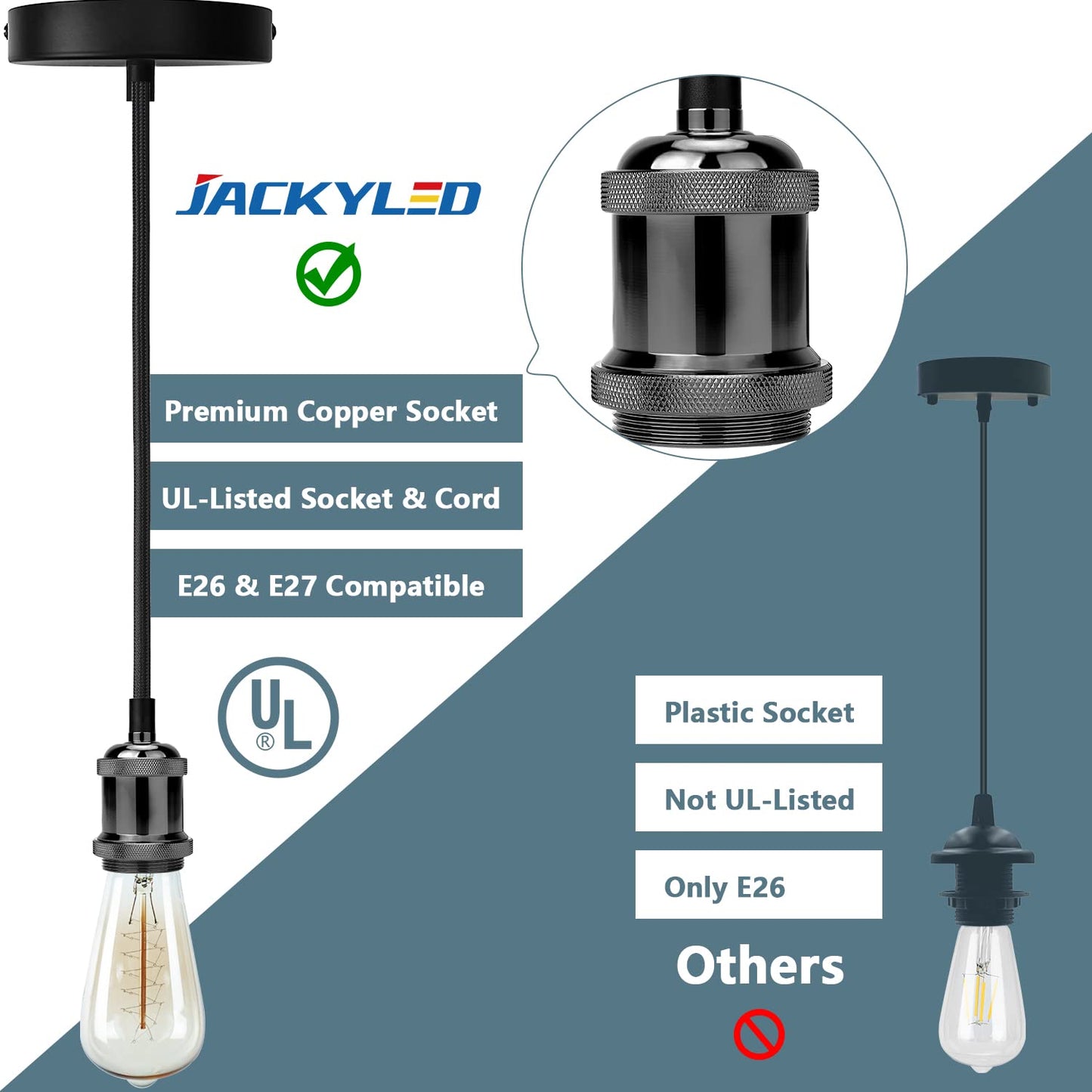 JACKYLED Pendant Light Kit UL Canopy Kit Copper Socket E26 E27 Lampholder Black Woven Fabric Pendant Light Cord Adjustable Ceiling Lighting (Pearl Black)