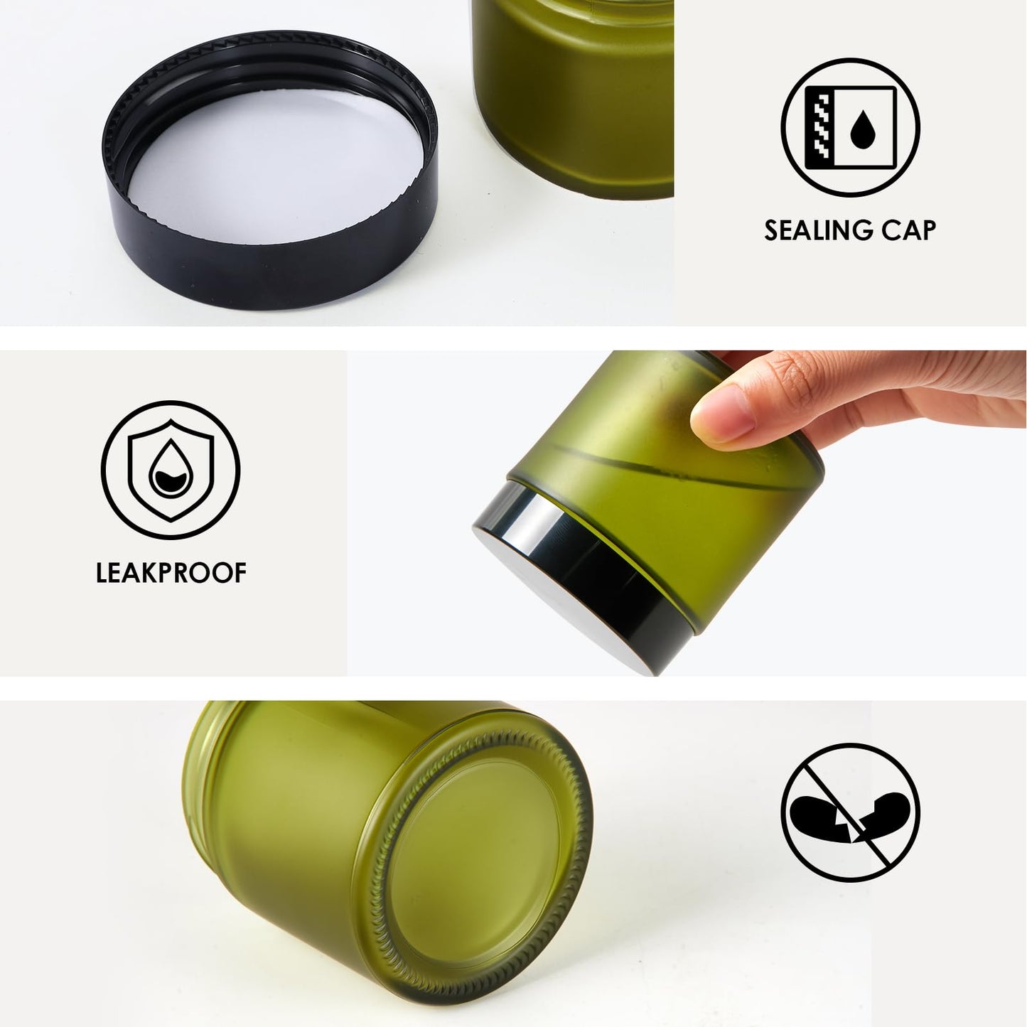 HOA Kinh 3 Pack Green Frosted Glass Jars Empty Cosmetic Containers Round Airtight Glass Jar with Inner Liners and black Lids for Storing Lotions, Powders, and Ointments