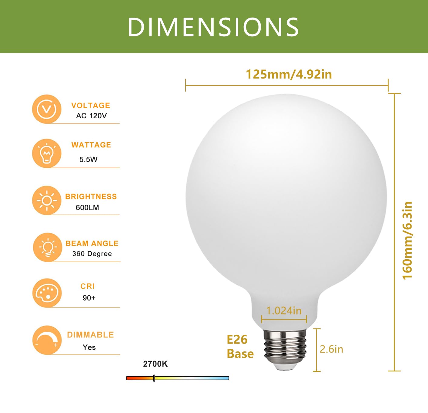 MEILUX 2 Pack G40 Globe LED Light Bulbs, 5.5W Dimmable 50 Watt Equivalent LED Edison Bulbs, Warm White 2700K, 600LM, E26 Base, Milky LED Filament Bulbs for Bathroom Bedroom Living Room