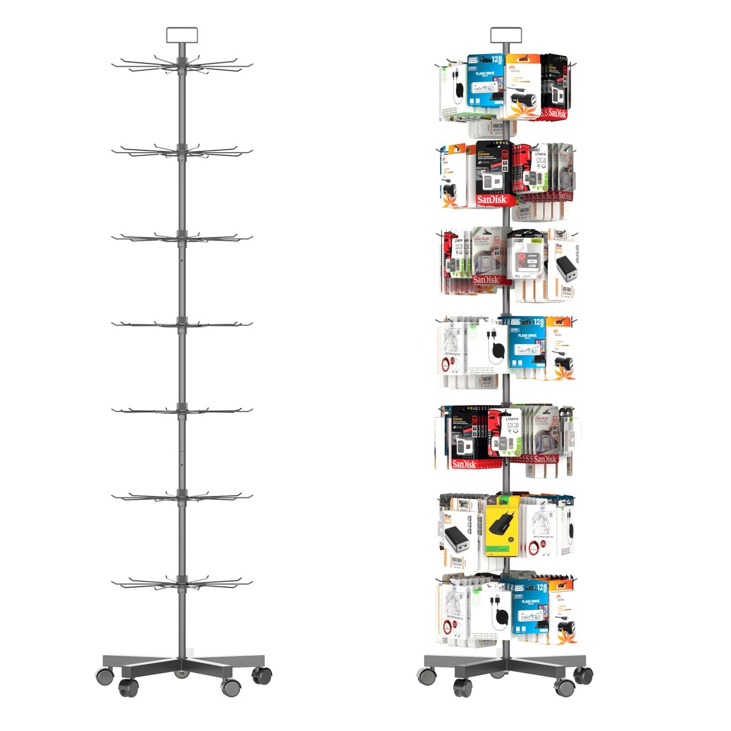 YEOOE Upgraded Retail Display Stand 7 Tier Spinning Display Stand, Movable Shop Spinner Rack with Hooks, Retail Display Racks for Jewelry Keyring Hats Socks Toys (Black)
