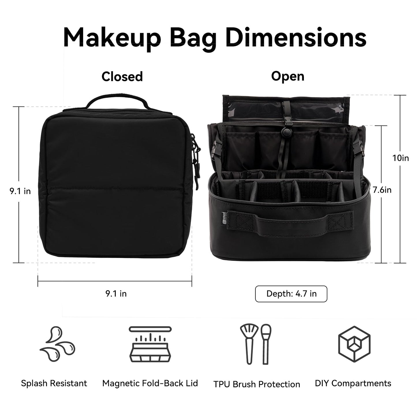 BAWADE Travel Makeup Bag with Brush Compartment, Cosmetic Organizer with Adjustable Dividers, Wide-Open Design, Portable Makeup Case with Handle and Luggage Strap for Women, Black
