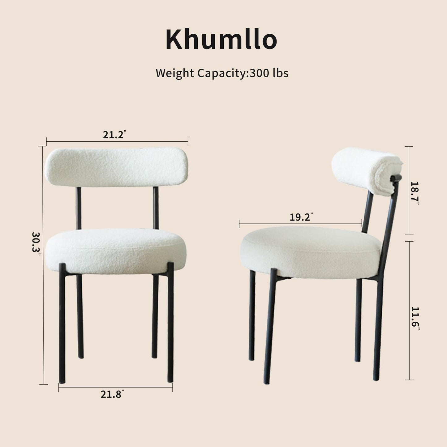khumllo Dining Chairs Set of 2, Boucle Upholstered Modern Mid Century Round Kitchen Chairs with Curved Backrest & Metal Legs for Vanity, Living Room (White-1)