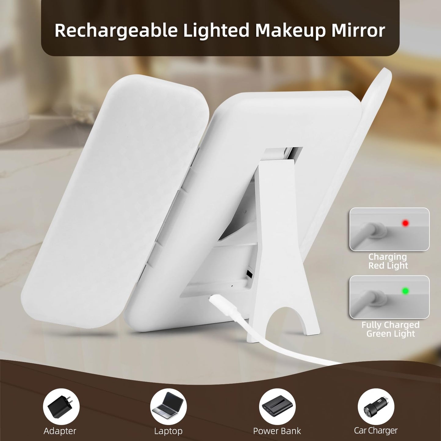Junyaoxuan Tri-fold Vanity Mirror with Light,1X/5X/10X/20X/30X Makeup Magnifying Mirror with Lights,Rechargeable Travel Makeup Mirror with Foldable Stand,Dimmable in 3 Colors,Touch Control