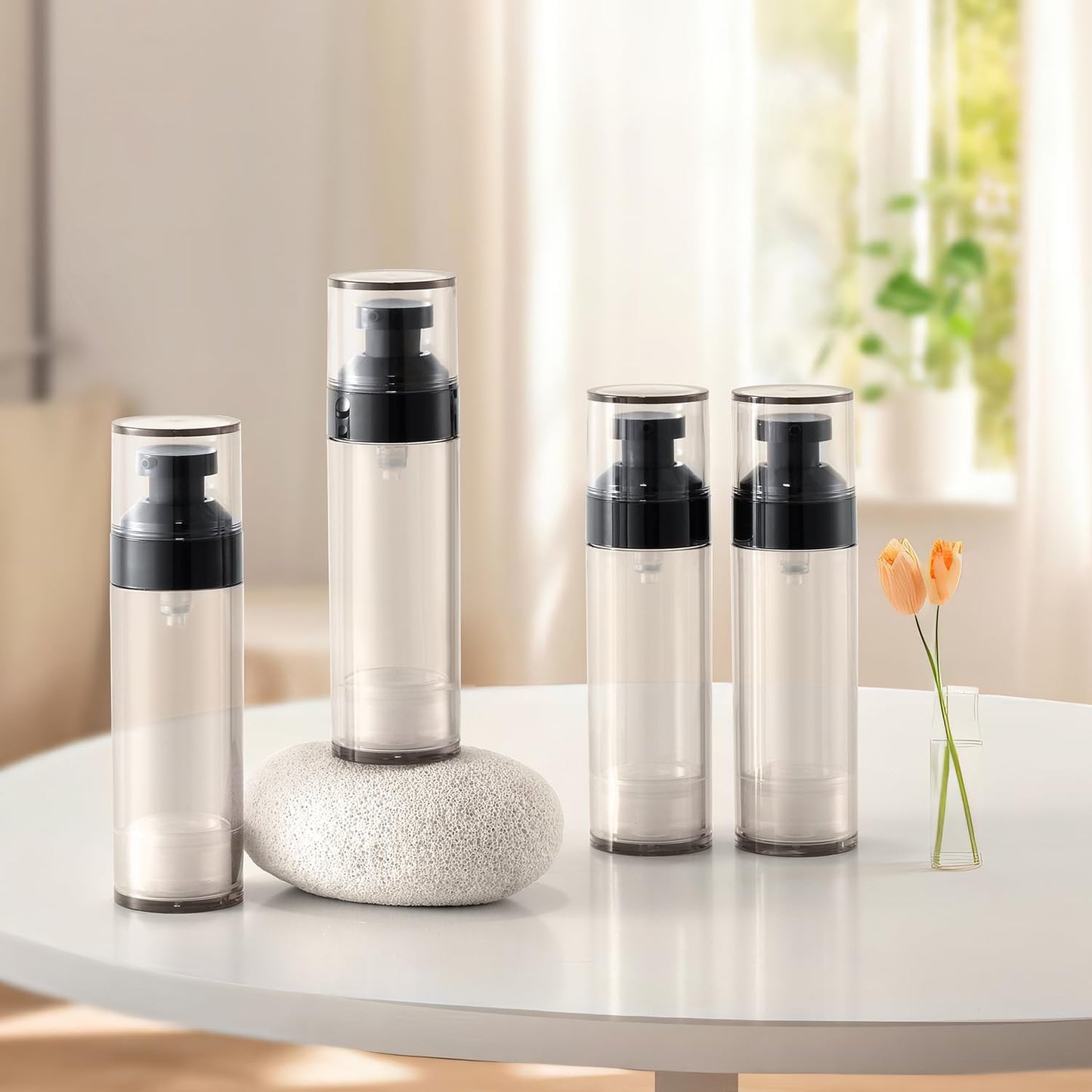 XQNCBY 4 Pack 1.7oz / 50ml Airless Pump Bottles for Travel: Wide Caliber Vacuum Lotion Dispenser with Clear Organizer Case, Leakproof Refillable Cosmetic Containers for Skincare, Serum, Foundation