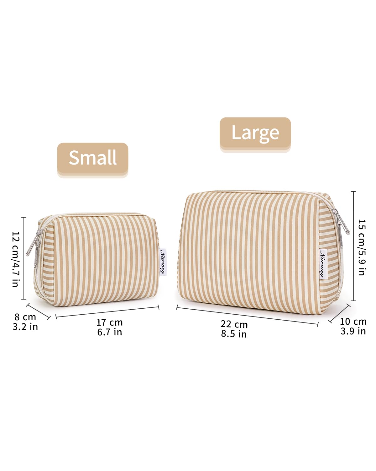 Narwey Striped Makeup Bag Travel Cosmetic Bag Organizer Toiletry Bag Make Up Bags with Compartments for Women Girls (Large,Brown Stripe)