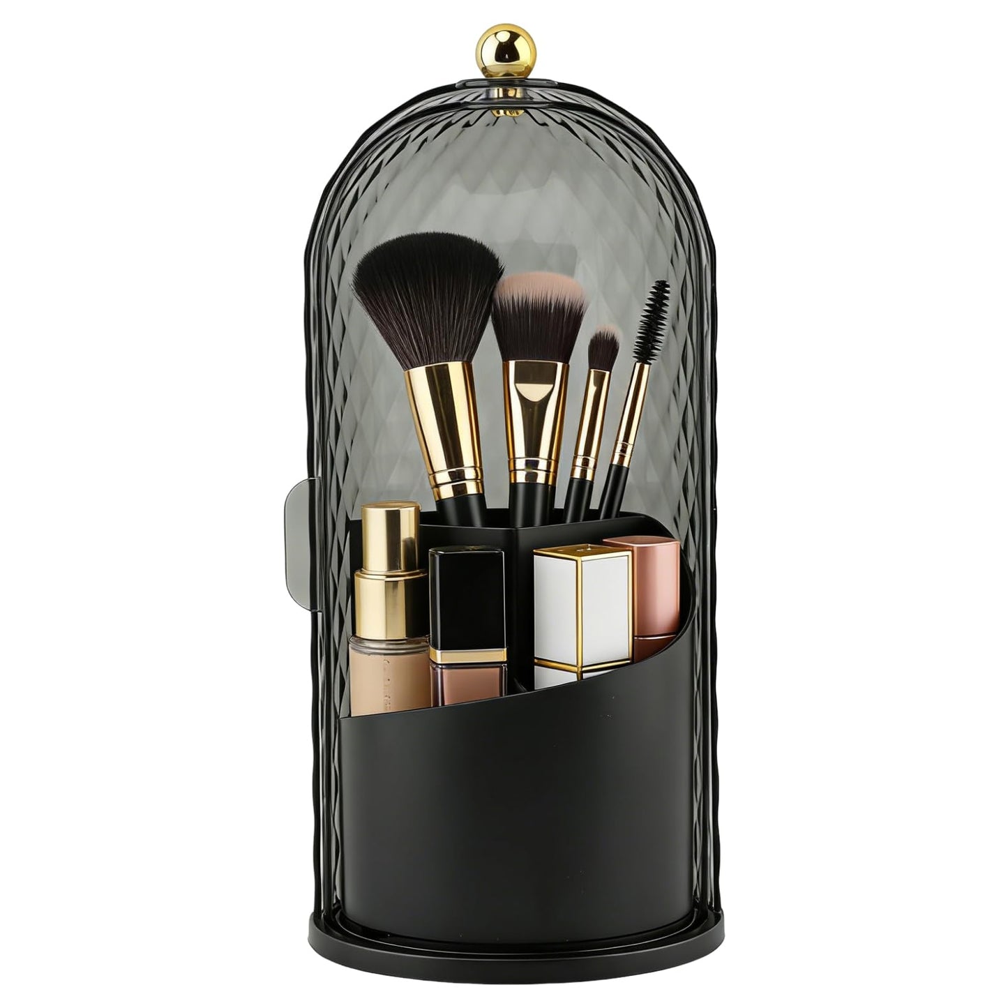 Makeup Brush Holder with Lid, 360 Rotating Dustproof Waterproof Sliding Opening Storage Box, Multifunctional Toothbrush Holder with 3 Compartments for Organized Storage