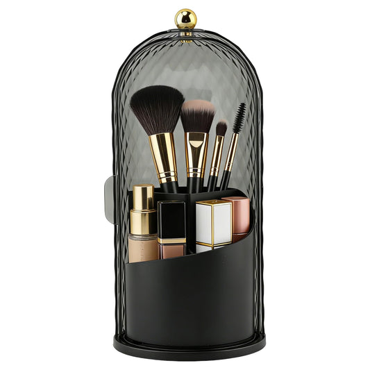 Makeup Brush Holder with Lid, 360 Rotating Dustproof Waterproof Sliding Opening Storage Box, Multifunctional Toothbrush Holder with 3 Compartments for Organized Storage