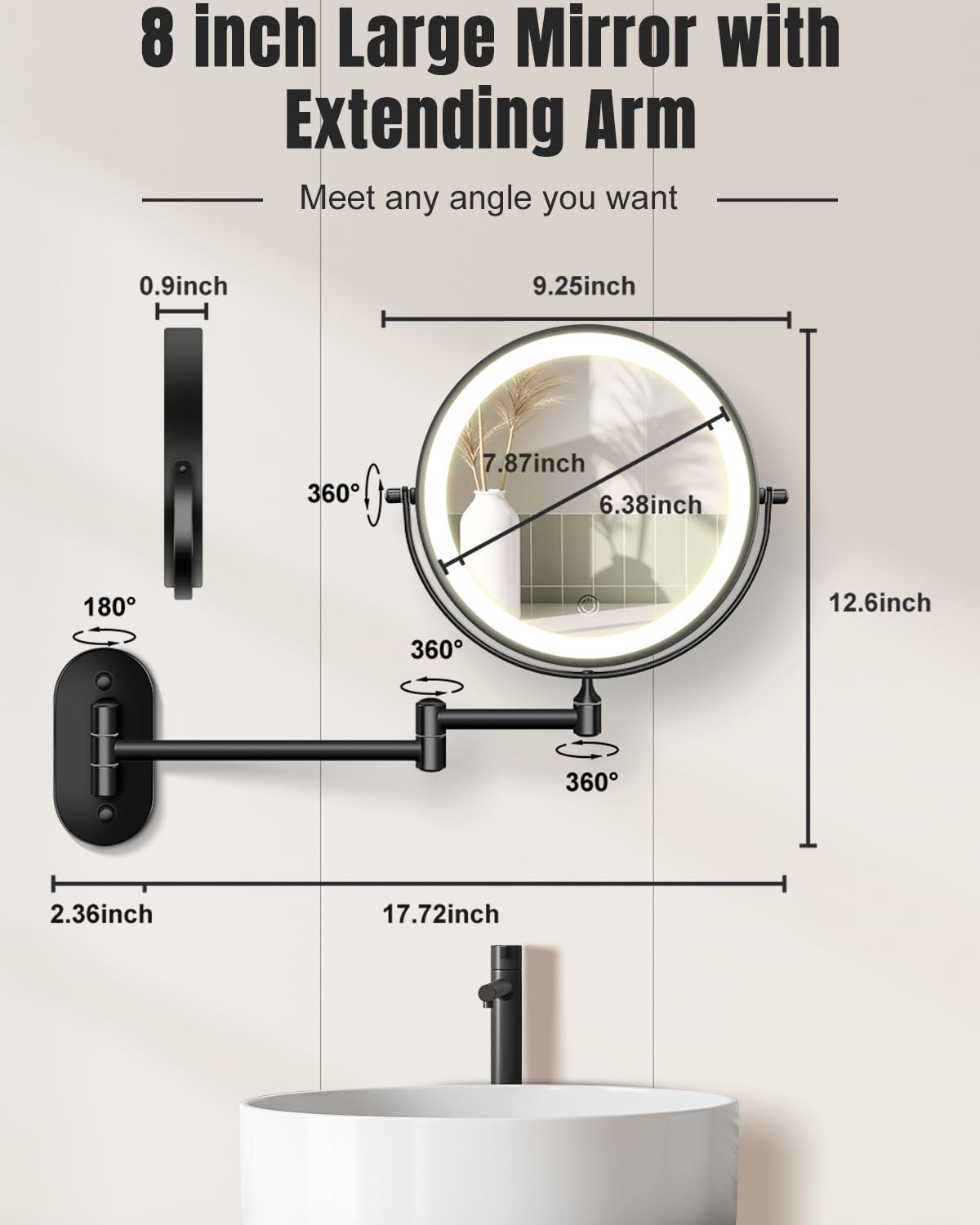 30X/1X Wall Mounted Lighted Makeup Mirror, 8'' Double Sided Rechargeable Magnifying Bathroom Mirror with Light, 3 Color Lights Touch Dimmable Extended Arm 360 Rotation Light up Mirrors