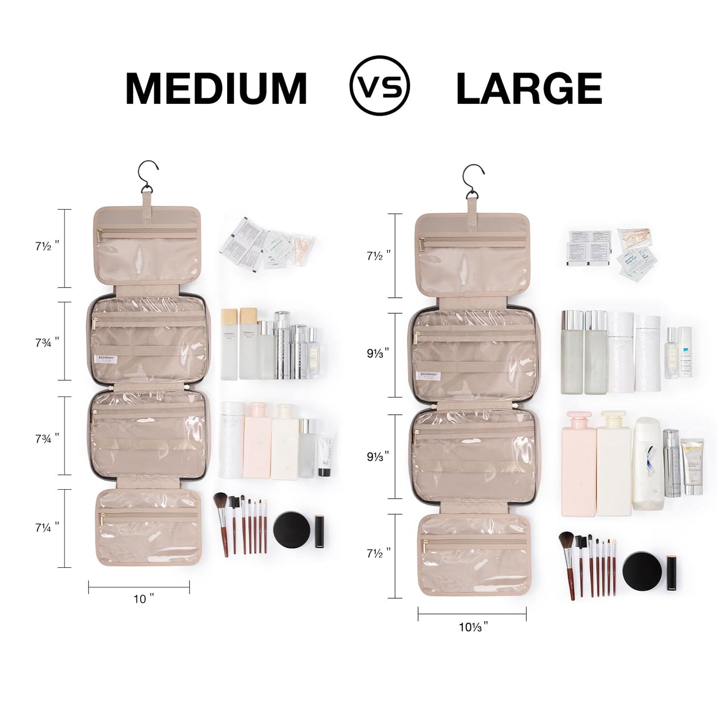 BAGSMART Toiletry Bag Travel Bag with Hanging Hook, Water-resistant Makeup Cosmetic Bag Travel Organizer for Accessories, Shampoo, Full-size Container, Toiletries (Coffee, Large)