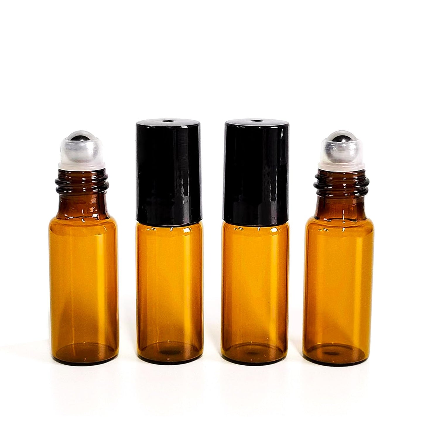 PYAWI 50 PCS 5ml Amber Glass Roller Bottle,Essential Oil Sample Vials with Stainless Steel Roller Ball,Black Caps,for Travel Perfume Cosmetics Small Container(2 Funnels, 2 Dropper, 1 Opener) (5ml)