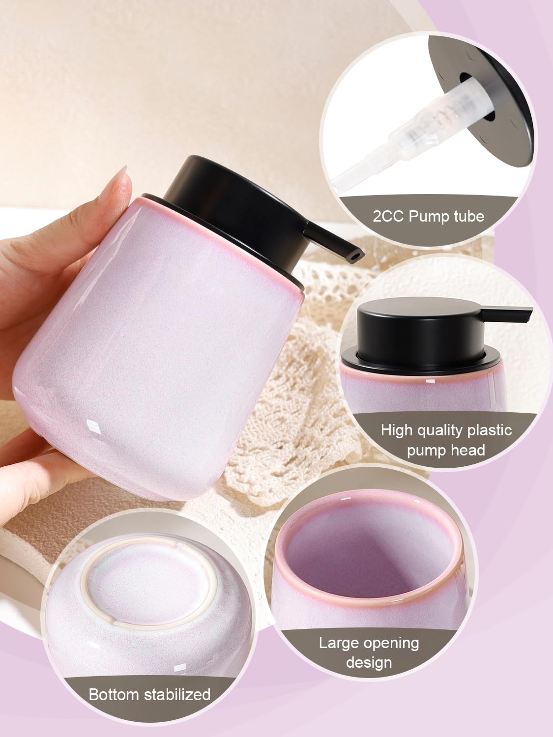 INGOFIN Ceramic Lotion Dispenser - 12 oz Hand Soap Dispenser Bathroom, Modern Liquid Dispenser with Pump, Refillable Dish Soap Bottle for Kitchen -Purple and Pink