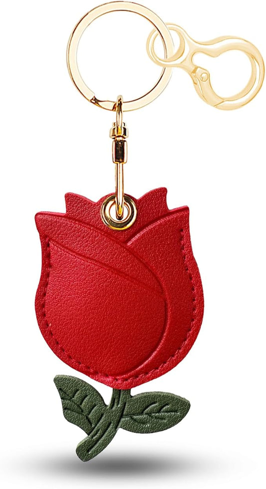 Leather Keychain for Airtag, Cute Protective Keychain Holder Compatible with Apple Air Tag,GPS Item Tracker Case Cover for Keys,Bags,Pets,Luggage(Rose)