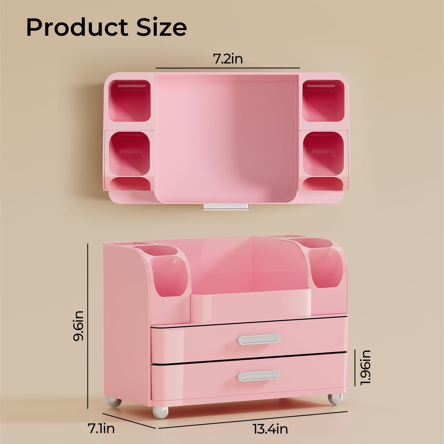 UFORU Makeup Organizer for Vanity with 2 Large Drawers, Cosmetic Display Case with Brush Holders, Easy to Storage for Bathroom Countertop Skincare, Desk Office Supplies, All Pink