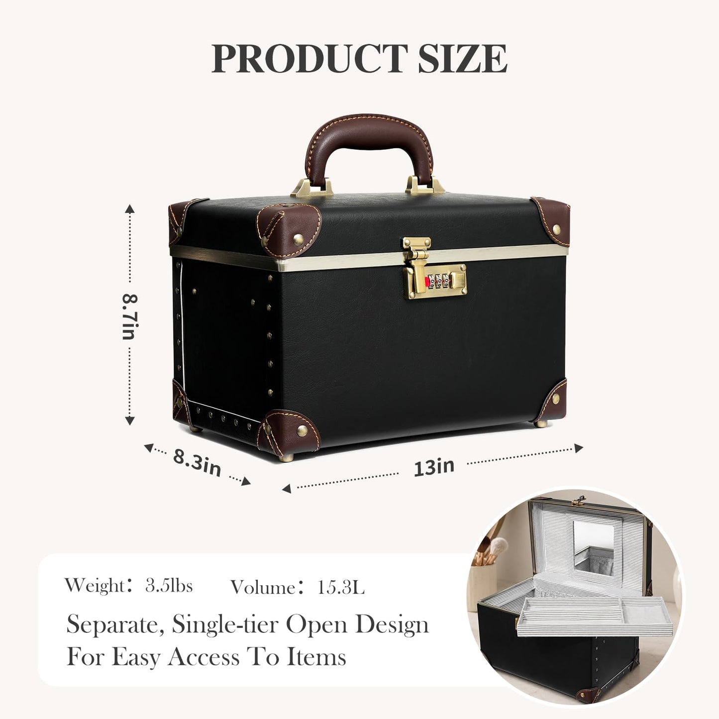 urecity Vintage Artificial Leather Makeup Train Case, Professional Cosmetic Organizer with Metal Combination Lock, Retro Style Storage Box, Black/Brown, Medium (Length: 12.5")