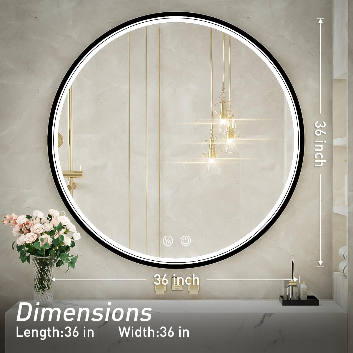 FTOTI 36" Round LED Bathroom Mirror, Dimmable Anti-Fog Vanity Mirror with Touch Control, 6000K Natural Light, Black Metal Frame, Wall Mounted for Makeup Shaving (IP54, 90+ CRI)