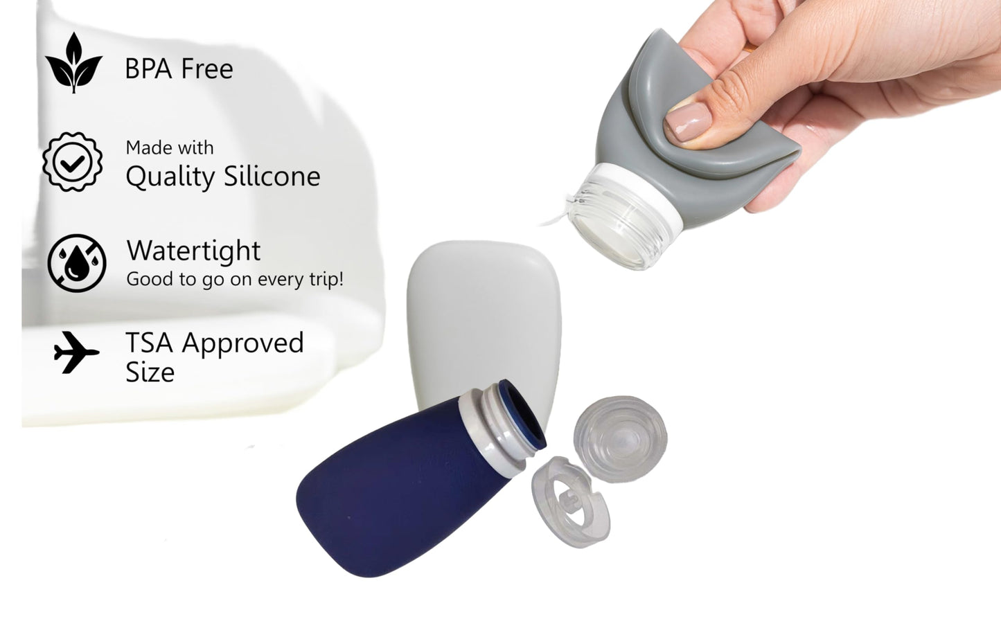 LYOB Travel Bottles for Toiletries, TSA Approved 3oz (90ml) Leak Proof Silicone Refillable Squeeze Travel Size Containers BPA Free for Cleansers, Lotions, Shampoo 4pk-With Bag (P,G,Blk,BL)