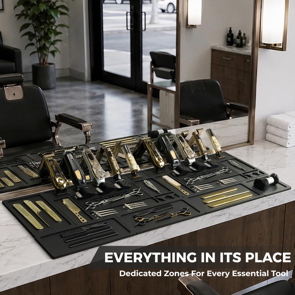 HAPPYPOSH Magnetic Barber Mats for Clippers, 7-Piece Modular Barber Station Organizer, Extra Large Barber Workstation Mat with 10 Strong Magnets, Non-Slip Professional Barber Tool Organizer