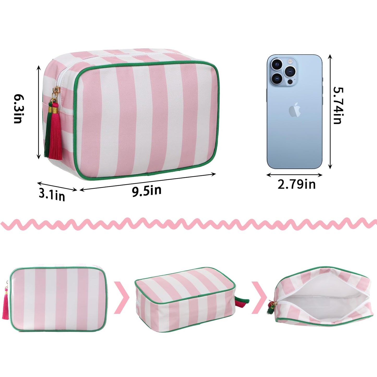 EMBRUNIOICE Stripe Makeup Bag Travel Cosmetic Bag Organizer Tassel Toiletry Bag Large Canvas Zipper Pouch and Mahjong Tile Bag (White with Pink)