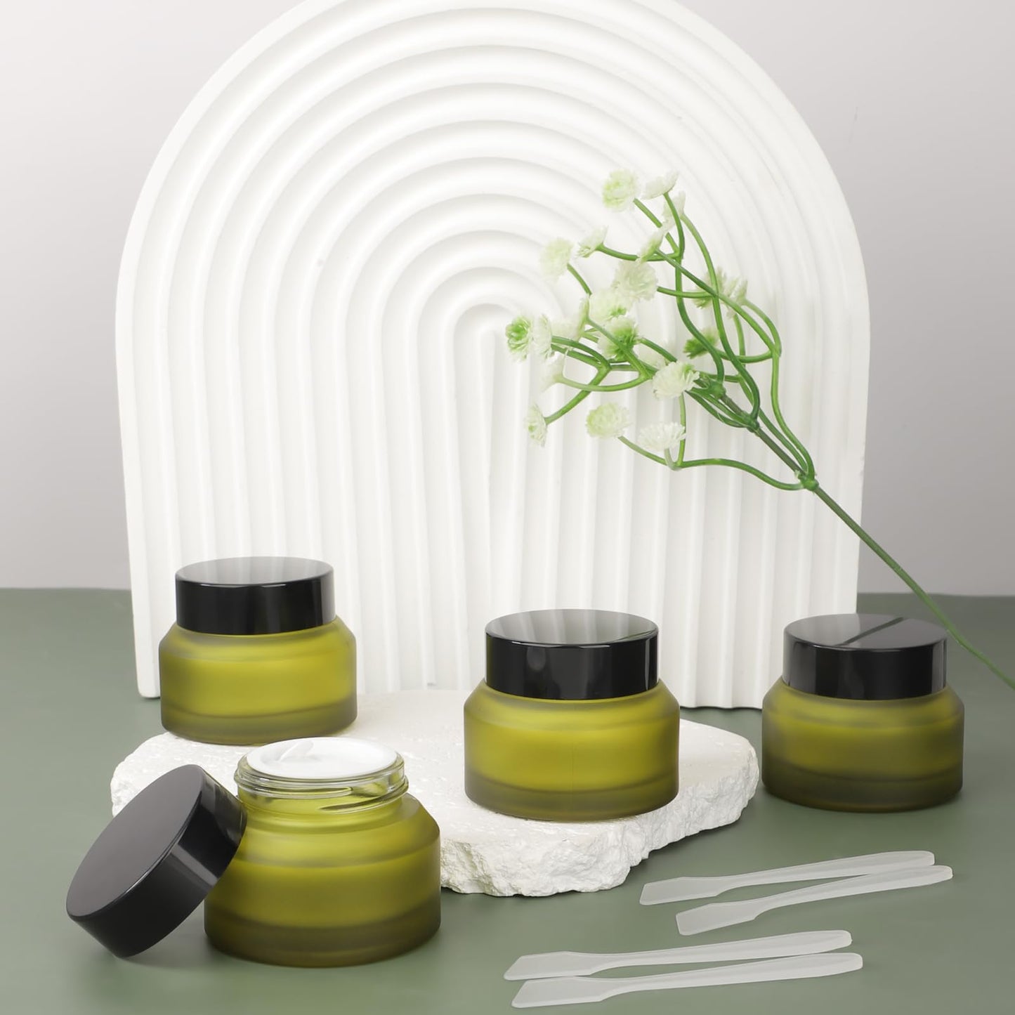 Segbeauty 1oz Green Frosted Glass Refillable Cosmetic Containers Jars with Lids, Empty Lotion Bottles with Spatulas, Travel Containers for Toiletries 4pcs 30ml, Empty Travel Size Bottles Jars