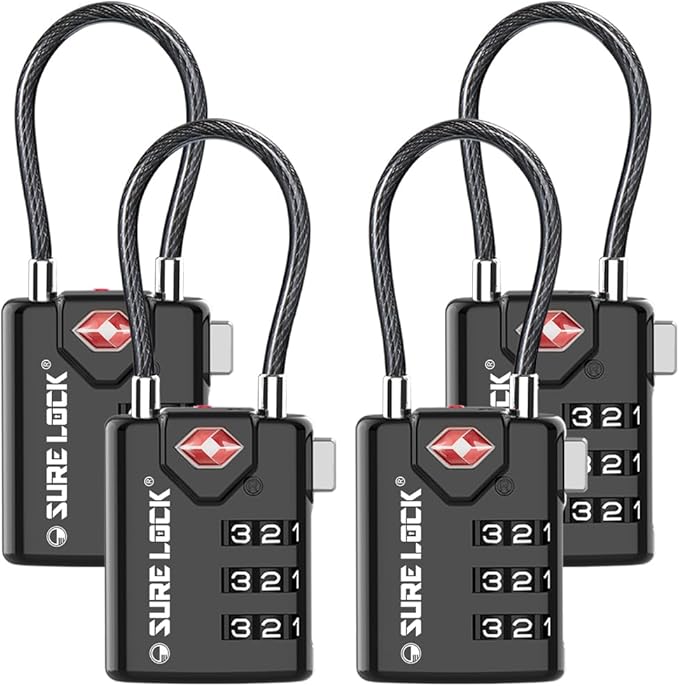 SURE LOCK TSA Compatible Travel Luggage Locks, Inspection Indicator, Easy Read Dials TSA Approved with Zinc Alloy Black 4 Pack