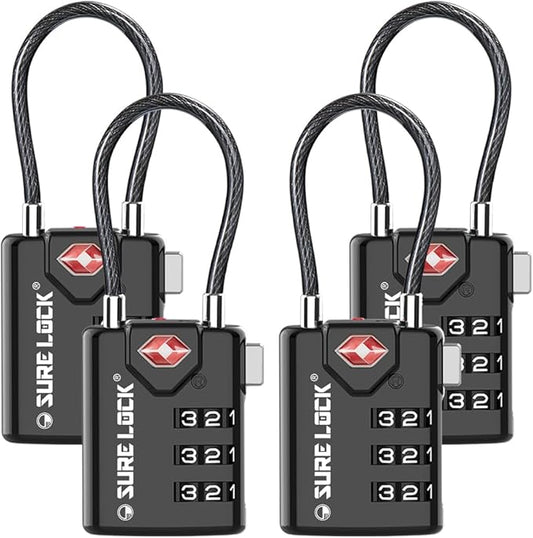 SURE LOCK TSA Compatible Travel Luggage Locks, Inspection Indicator, Easy Read Dials TSA Approved with Zinc Alloy Black 4 Pack