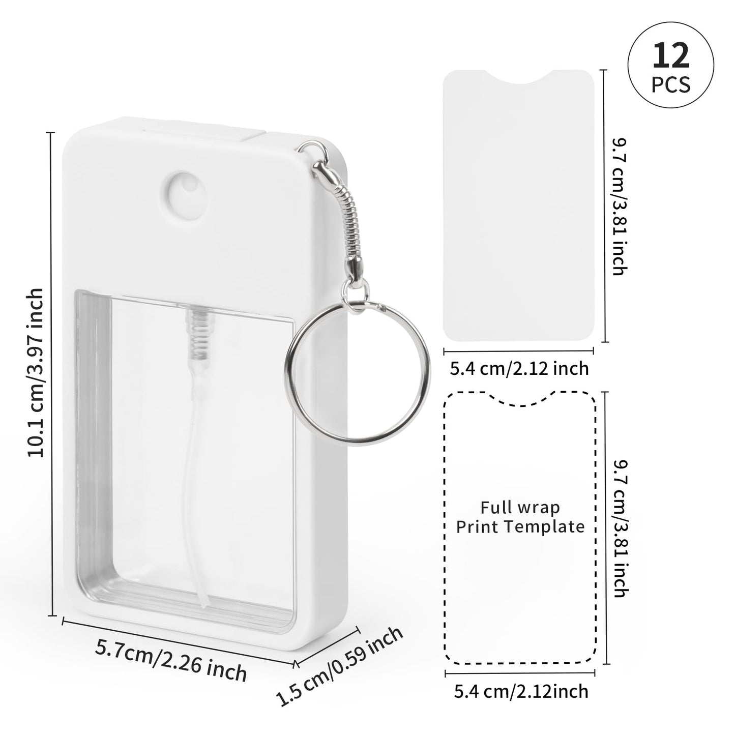 PYD Life 12 Pack Sublimation Blanks Card Perfume Spray Bottle 1FL. OZ 30 ml White with Key Ring, Portable Refillable Travel Sprayer with 16 PCS Double-Sided Sublimation Aluminum Sheets for DIY
