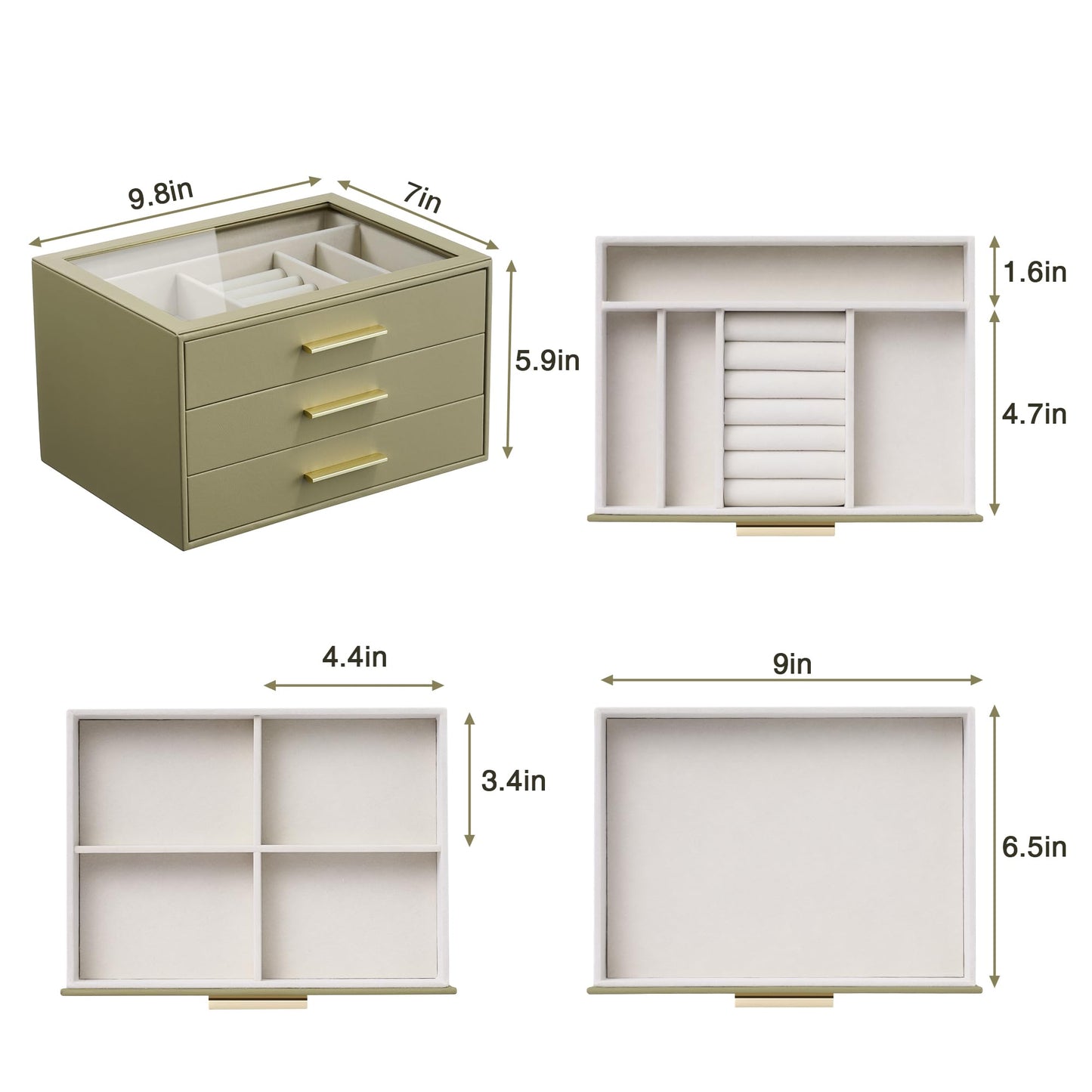 Jewelry Box Organizer Case for Women: 3-Layer Jewelry Storage Case with Glass Window, Olive Green Leather with Cream Velvet, Holder for Ring Necklace Bracelet Brooch Watch, Great Gift for Her