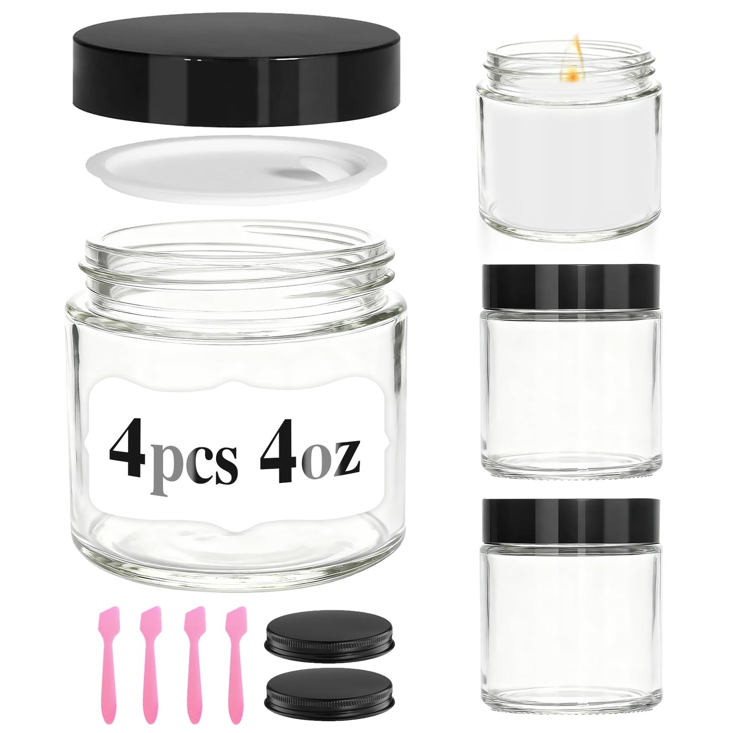 4 oz Glass Jars with Lids, 4 Pack Clear Small Glass Jars with Black Lids Leakproof Airtight Empty Cosmetic Travel Containers with Inner Liners For Lotions Body Scrub, Candle Making