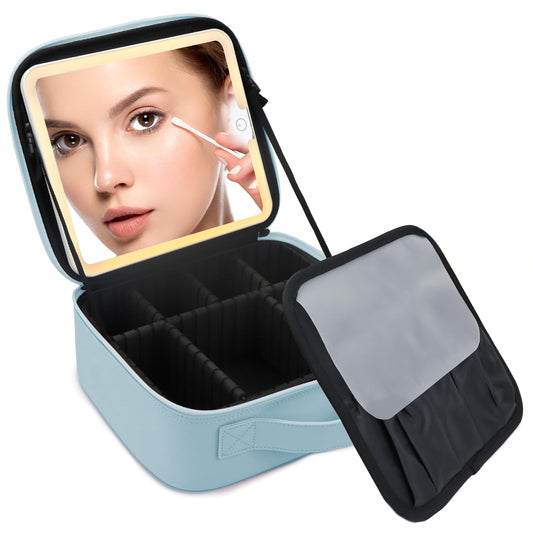SUILU Makeup Bag with Led Mirror,with 3 Color Setting,Portable Storage and Adjustable Dividers Travel Makeup Bag, for Women and Makeup Artists Large Vanity Makeup Cases-Light Blue