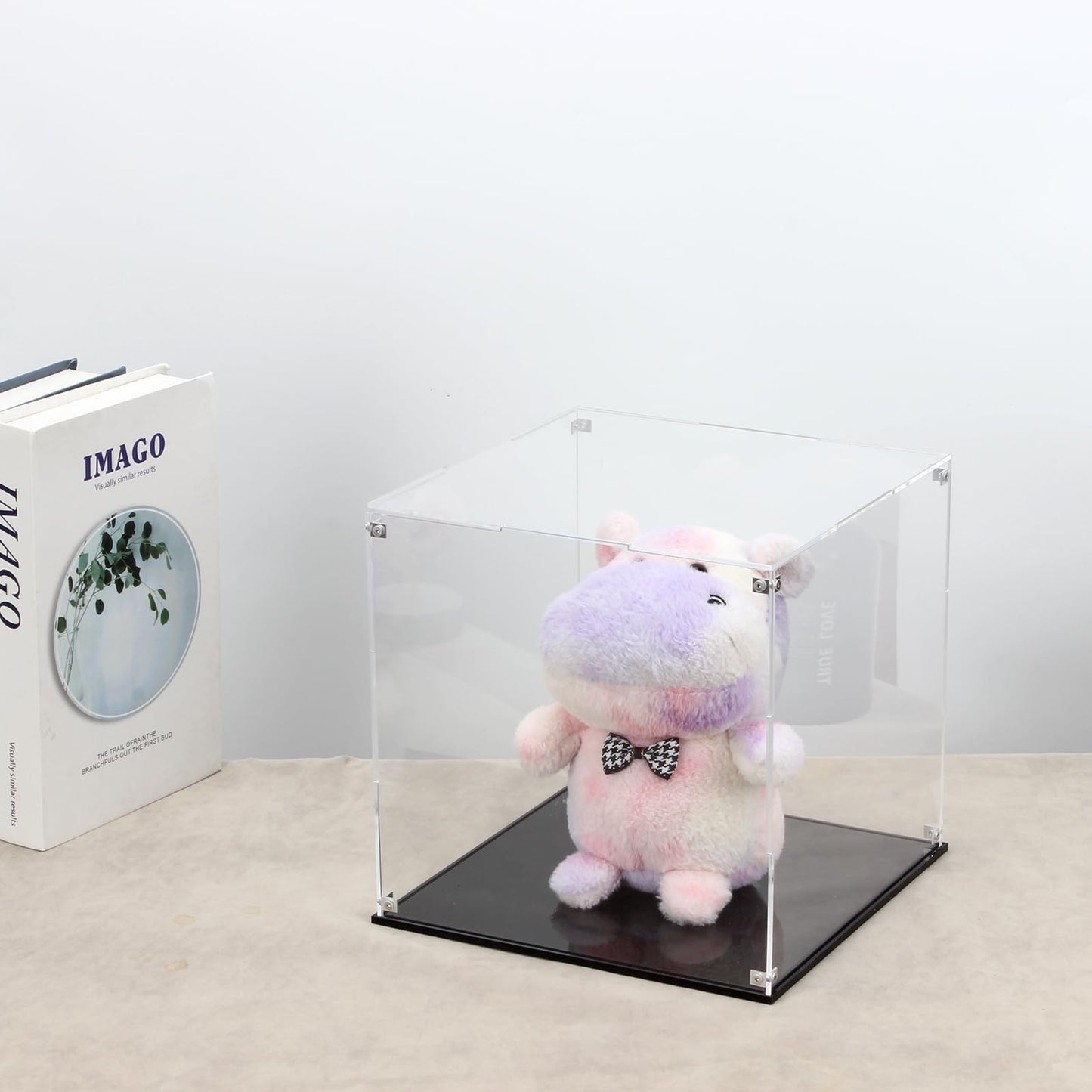 Kcgani Clear Self-Assembly Acrylic Boxes for Display, Transparent Display Case with Black Base and Lid, Cube Countertop Storage Boxes Glass Case for Collectibles Models Doll Boy Figurine, 9x9x9Inch