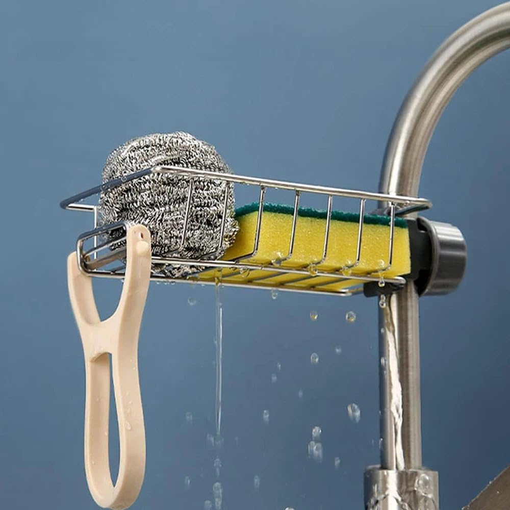 LONIN Stainless Steel Kitchen Sink Organizer Caddy – Over Faucet Sponge & Brush Holder, Rust-Resistant, Adjustable Universal Fit Faucet Rack, Quick Drain Sink Space Saver