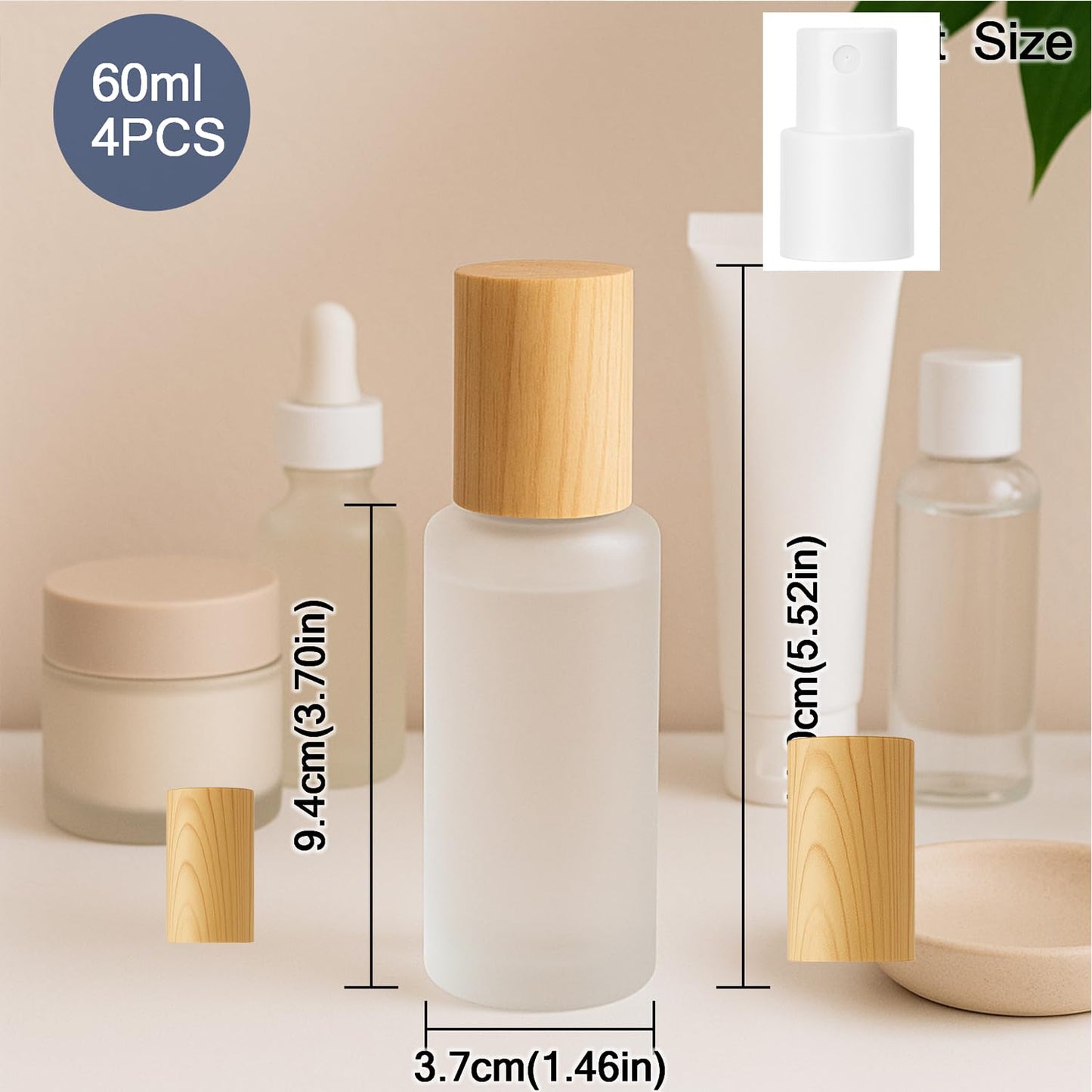 Doromy 4Packs 60ml/2Oz Frosted Glass Spray Bottle with Wood-like Cap Refillable Fine Mist Atomizer Portable Empty Cosmetic Container for Perfume, Essential Oils, Face Mist, Travel, Skincare