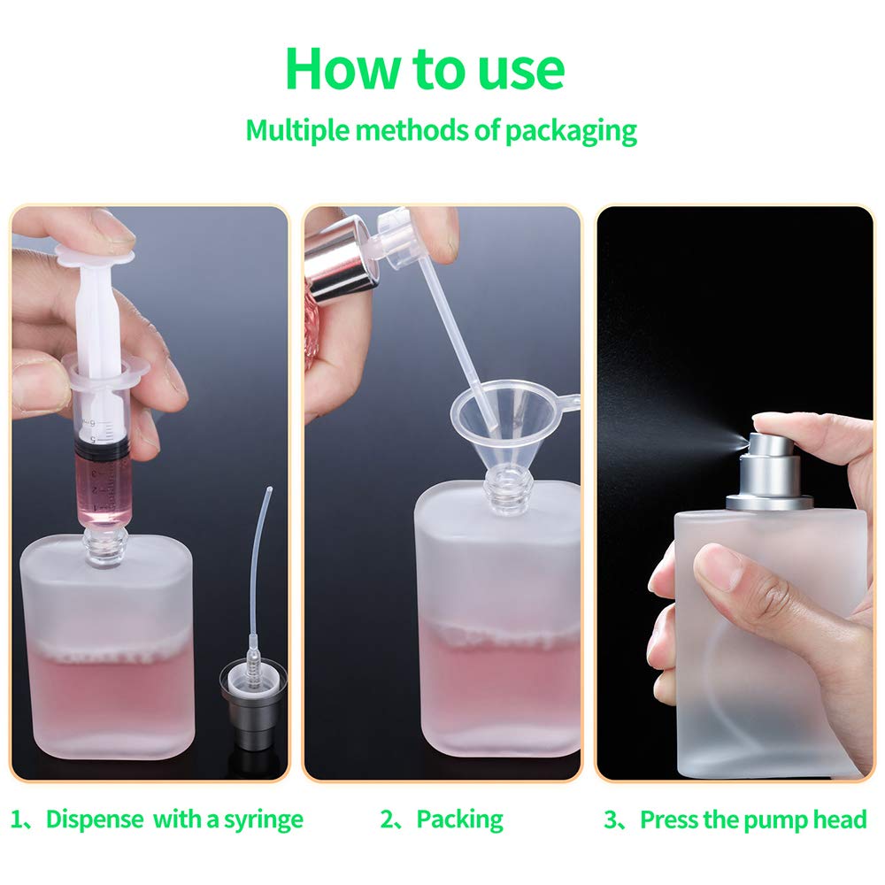 2 Pack 100ml/3.38 Oz Empty Frosted Glass Spray Bottle Perfume Atomizer, Refillable Fine Mist Spray Empty Perfume Bottles with 4 kinds of perfume dispenser (2 Pack 100ml/3.38 Oz Frosted Bottles)