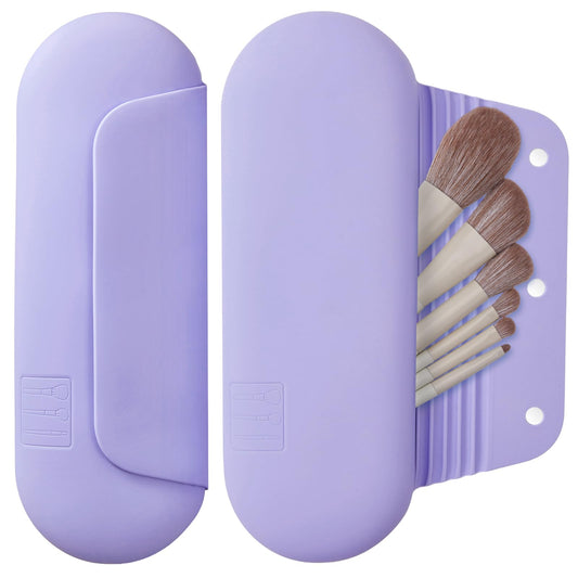 AGIKET Silicone Makeup Brush Holder Travel Cosmetic Bag：Soft Portable Cosmetic Face Brushes Holder with Upgrade Anti-Fall Out Magnetic Closure, Large Travel Makeup Brush Case - Lavender