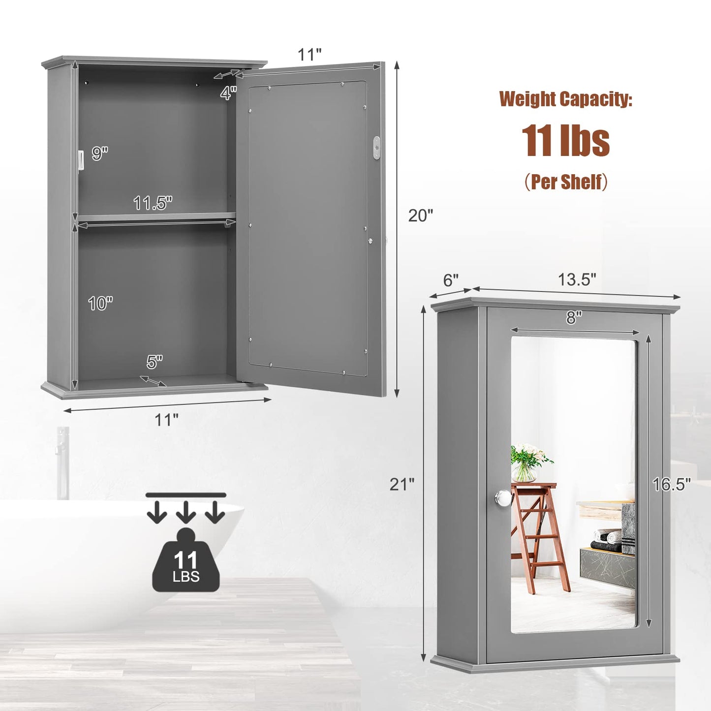Hysache Bathroom Medicine Cabinet, Wall Mount Mirrored Storage Cabinet w/Single Mirrored Door & Adjustable Shelf, Multipurpose Wooden Organizer for Hallway Living Room Bed, 13.5" L x 6" W (Gray)